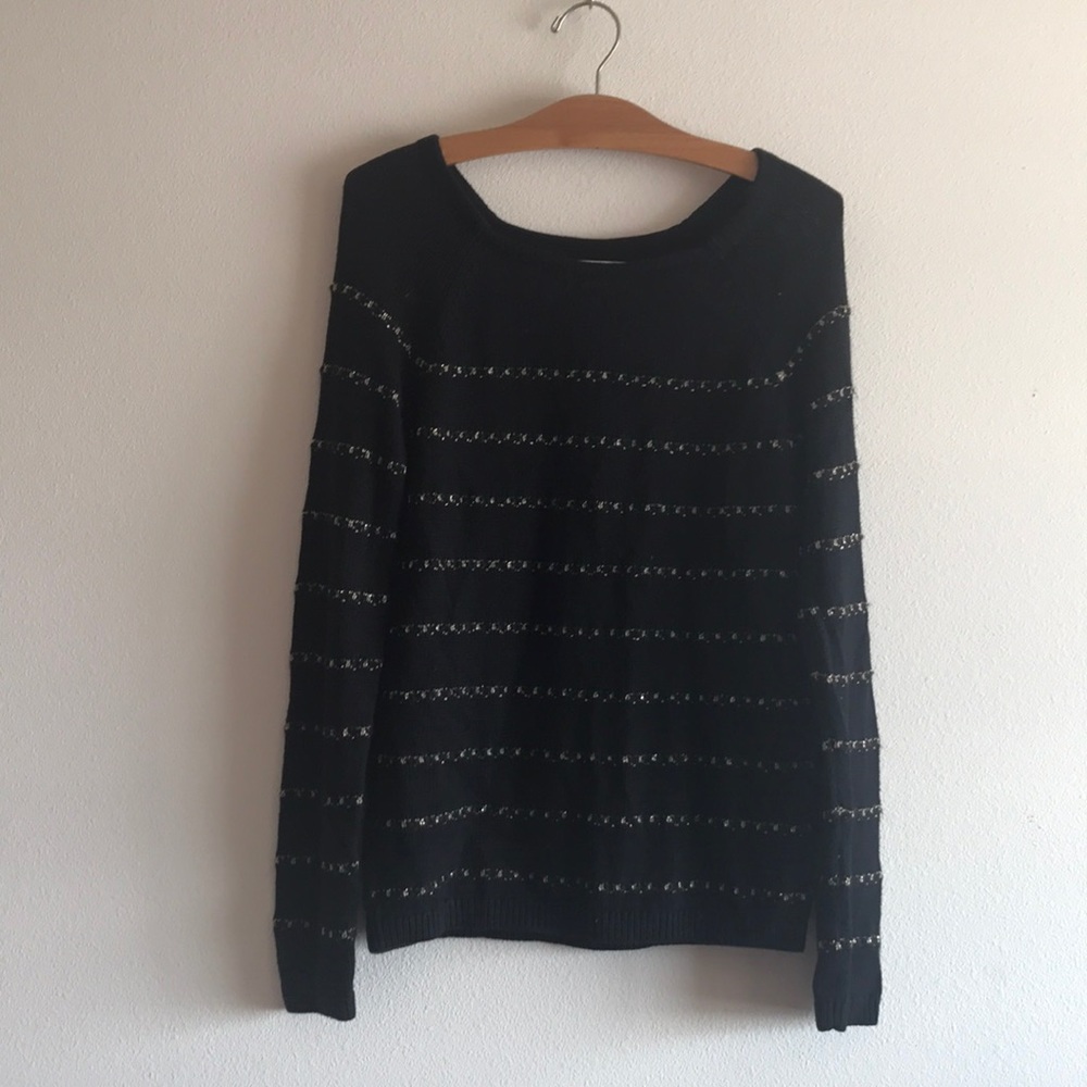 Loft Black Boatneck Sweater W/ Gold Stripe
